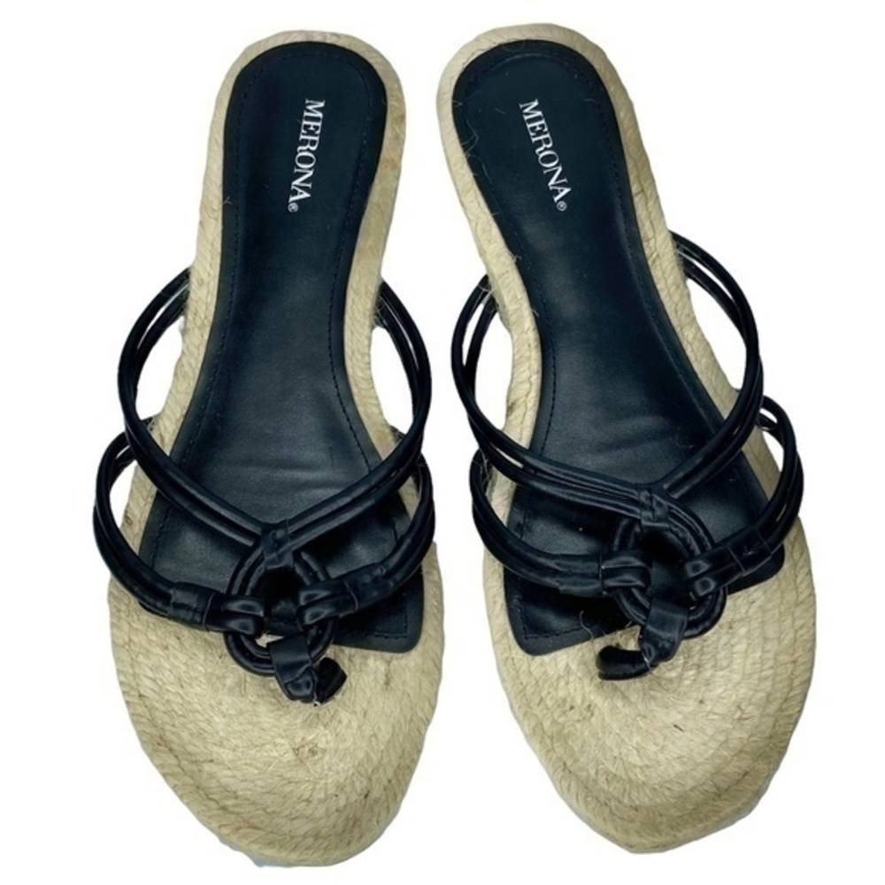 Merona Sandals Black Vegan Leather Rope and Jute Thong Flip Flop Sandals Size 8